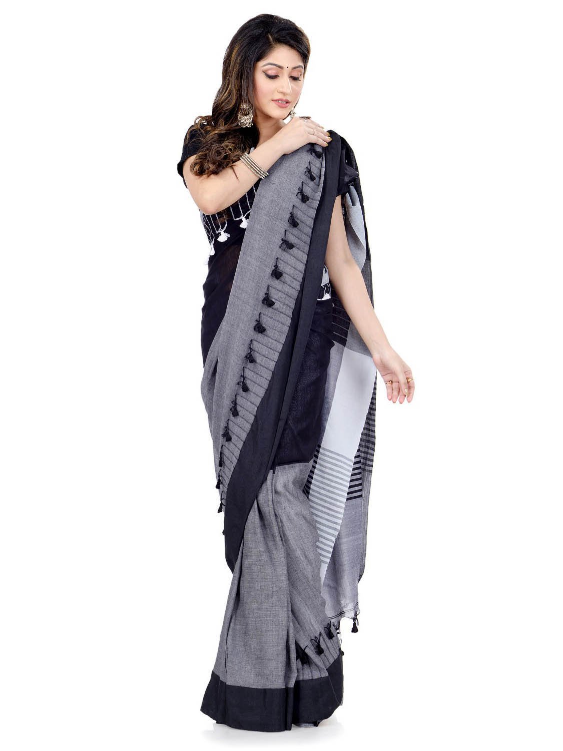 Traditional Khadi Bengali Handloom Tant Pure Cotton Saree Pom Pom Designed With Blouse Piece (Light Black Grey White)